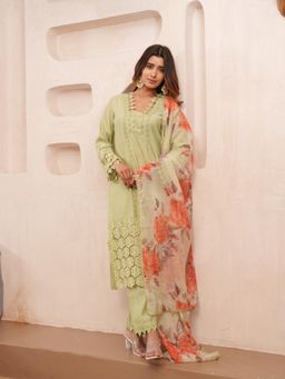 Gahan - Olive Self Design V-Neck Straight Kurta & Pant with Dupatta