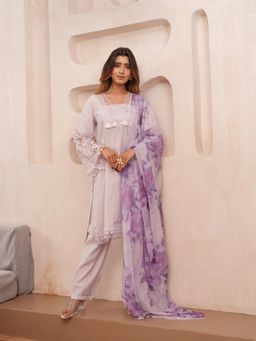 Gahan - Lavender Solid V-Neck Straight Kurta & Pant with Dupatta