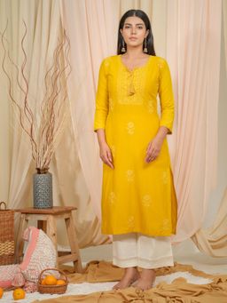 Gahan - Floral Embroidered Tie-Up Neck Straight Kurta