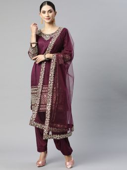 Readiprint - Straight Style Art Silk Purple Kurti with Bottom and Dupatta (Set of 3)