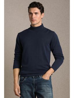 Louis Philippe - Navy Blue Solid Pure Cotton Regular Fit Sweater