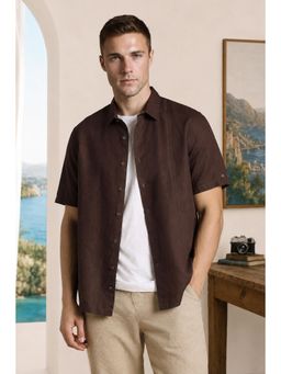 Louis Philippe - Brown Textured Cotton Linen Relaxed Fit Shirt