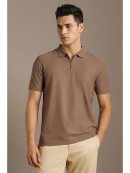 Louis Philippe - Brown Textured Cotton Blend Regular Fit Polo T-Shirt