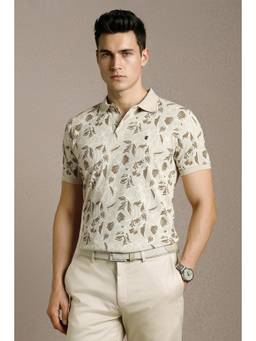 Louis Philippe - Beige Printed Cotton Slim Fit Polo T-Shirt