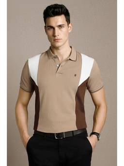 Louis Philippe - Beige Colorblock Cotton Slim Fit Polo T-Shirt