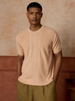 Andamen - Beige Self Design Cotton Regular Fit T-Shirt