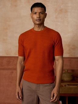 Andamen - Rust Self Design Cotton Regular Fit T-Shirt