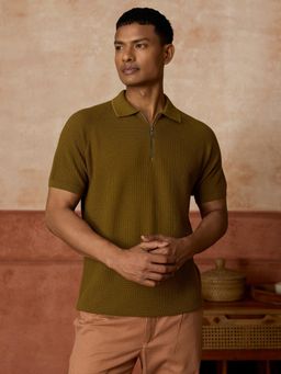 Andamen - Olive Self Design Cotton Blend Regular Fit Polo T-Shirt