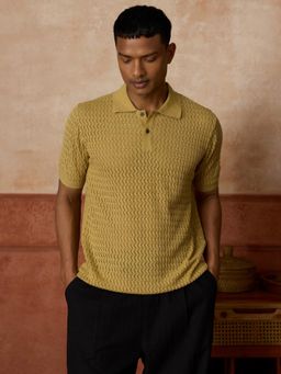 Andamen - Olive Self Design Cotton Regular Fit Polo T-Shirt