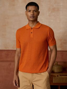 Andamen - Rust Self Design Cotton Regular Fit Polo T-Shirt