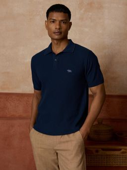 Andamen - Navy Blue Self Design Cotton Regular Fit Polo T-Shirt