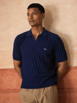 Andamen - Navy Blue Self Design Cotton Regular Fit Polo T-Shirt