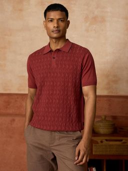 Andamen - Burgundy Self Design Cotton Regular Fit Polo T-Shirt