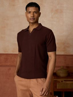 Andamen - Brown Self Design Cotton Regular Fit Polo T-Shirt