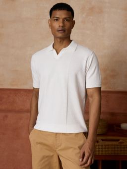 Andamen - White Self Design Cotton Regular Fit Polo T-Shirt
