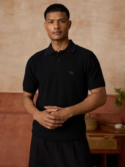 Andamen - Black Self Design Cotton Regular Fit Polo T-Shirt