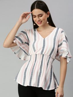 SHOWOFFFF - Women V-Neck Candy Stripes Pink Regular Top