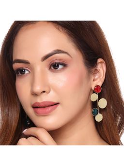 Yellow Chimes - Gold plated red and green stone studded drop earrings