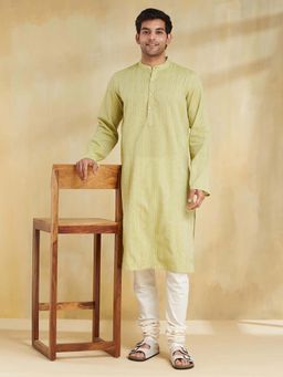 Fabindia - Green Cotton Blend Dobby Slim Fit Long Kurta