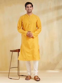 Fabindia - Yellow Cotton Dobby Slim Fit Long Kurta
