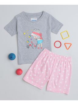 Bumzee - Grey & Pink Girls Half Sleeves T-Shirt and Short (Set of 2)