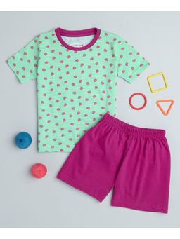 Bumzee - Green & Pink Girls Half Sleeves T-Shirt and Short (Set of 2)