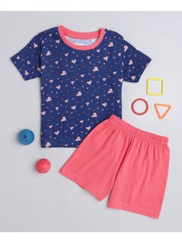 Bumzee - Navy & Coral Girls Half Sleeves T-Shirt and Short (Set of 2)