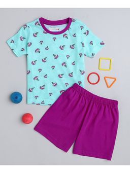 Bumzee - Sky Blue & Purple Girls Half Sleeves T-Shirt and Short (Set of 2)