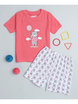 Bumzee - Coral & White Girls Half Sleeves T-Shirt and Short (Set of 2)