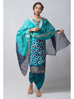 Unnati Silks - Unstitched Turquoise Pure Bandhani Cotton Salwar Kameez (Set of 3)