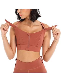 BRACHY - Rust Women High Impact Front Zip Full Coverage Cross Back Sports Bra.