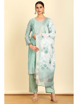 Soch - Womens Turquoise Blue Chanderi Abstract Print Unstitched Dress Material With Sequins (Set of 3)