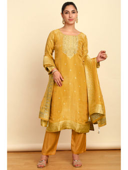 Soch - Womens Yellow Rayon Zari Woven Unstitched Dress Material With Cutdana (Set of 3)