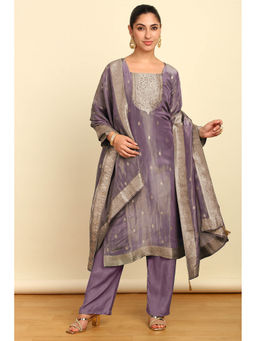 Soch - Womens Purple Rayon Zari Woven Unstitched Dress Material With Mirror And Cutdana (Set of 3)
