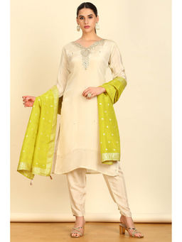 Soch - Womens Cream Rayon Unstitched Dress Material With Mirror Work (Set of 3)