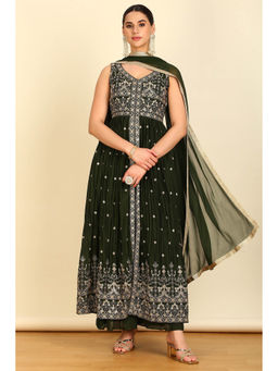 Soch - Womens Green Viscose Embroidered Kurta with Palazzo and Dupatta (Set of 3)