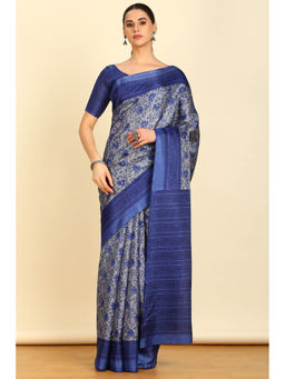 Soch - Womens Blue Synthetic Floral Print Saree with Unstitched Blouse