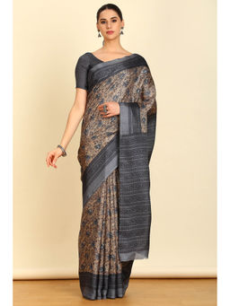 Soch - Womens Grey Synthetic Floral Print Saree with Unstitched Blouse