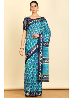 Soch - Womens Blue Cotton Ikat Print Saree with Unstitched Blouse
