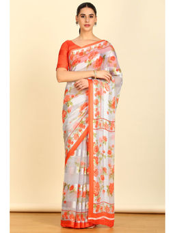 Soch - Womens Grey Chiffon Floral Print Saree with Unstitched Blouse