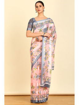 Soch - Womens Blush Pink Chiffon Floral Print Saree with Unstitched Blouse