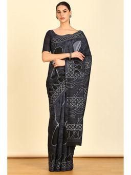 Soch - Womens Grey Chiffon Print Saree with Unstitched Blouse