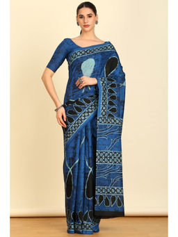 Soch - Womens Blue Chiffon Abstract Print Saree with Unstitched Blouse