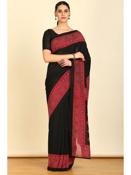 Soch - Womens Black Synthetic Print Saree with Unstitched Blouse