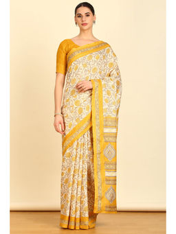 Soch - Womens Yellow Synthetic Floral Print Saree with Unstitched Blouse