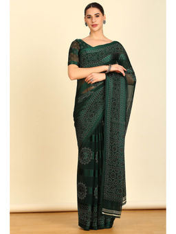 Soch - Womens Green Chiffon Polka Dots Saree with Unstitched Blouse
