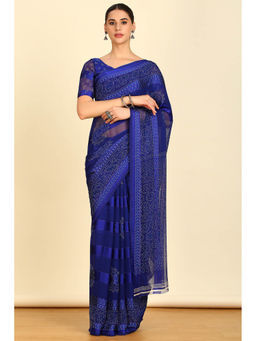 Soch - Womens Indigo Chiffon Polka Dots Saree with Unstitched Blouse
