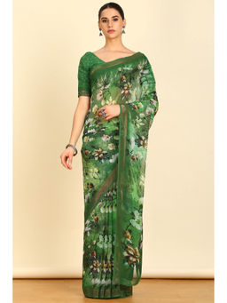 Soch - Womens Green Georgette Floral Print Saree with Unstitched Blouse