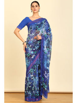 Soch - Womens Blue Georgette Floral Print Saree with Unstitched Blouse