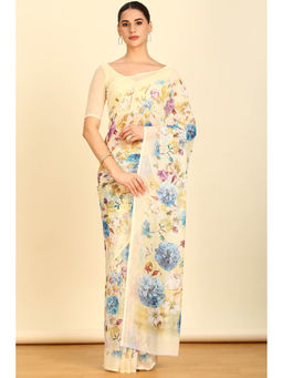 Soch - Womens Light Yellow Georgette Floral Print Saree with Unstitched Blouse